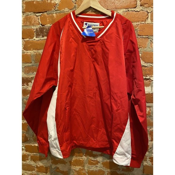 Champion Mens Varsity Jacket L Red White V Neck Drawcord Waistband Lined Nylon - Picture 1 of 4